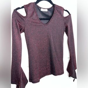 Red Sparkly Shoulder Cut out Long Sleeve Top. Cute Sleeve Accents. Size Small.